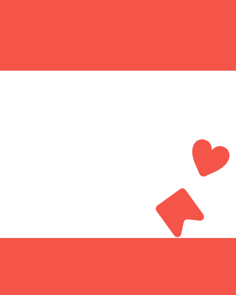 上下にスカーレット（朱色）の帯があり、中央に太い白い帯。右側には、スカーレット色の「ハート」と「保存」を模したリボンのアイコンが重なるように配置されたデザイン。
