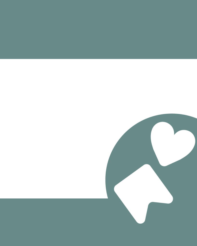 上下にスモーキーグリーンの帯があり、中央に太い白い帯。右側には、スモーキーグリーン色の円形の中に、白い「ハート」と「保存」を模したリボンのアイコンが配置されたデザイン。
