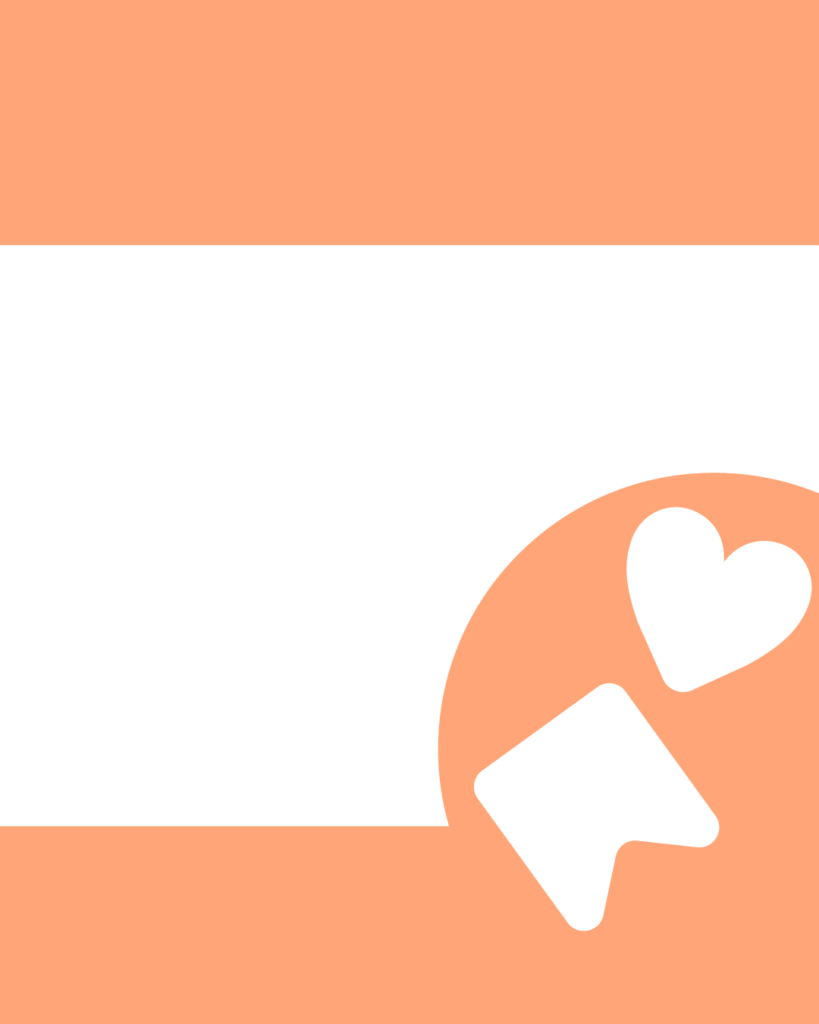 上下にぬくもりコーラルの帯があり、中央に太い白い帯。右側には、コーラル色の円形の中に、白い「ハート」と「保存」を模したリボンのアイコンが配置されたデザイン。
