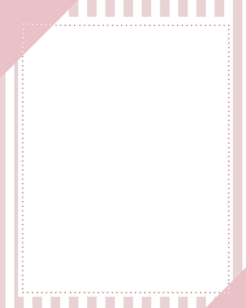 くすみピンクのストライプ柄背景に、左上と右下のアクセント装飾が施された白枠フレームのインスタ投稿用デザインテンプレート素材
