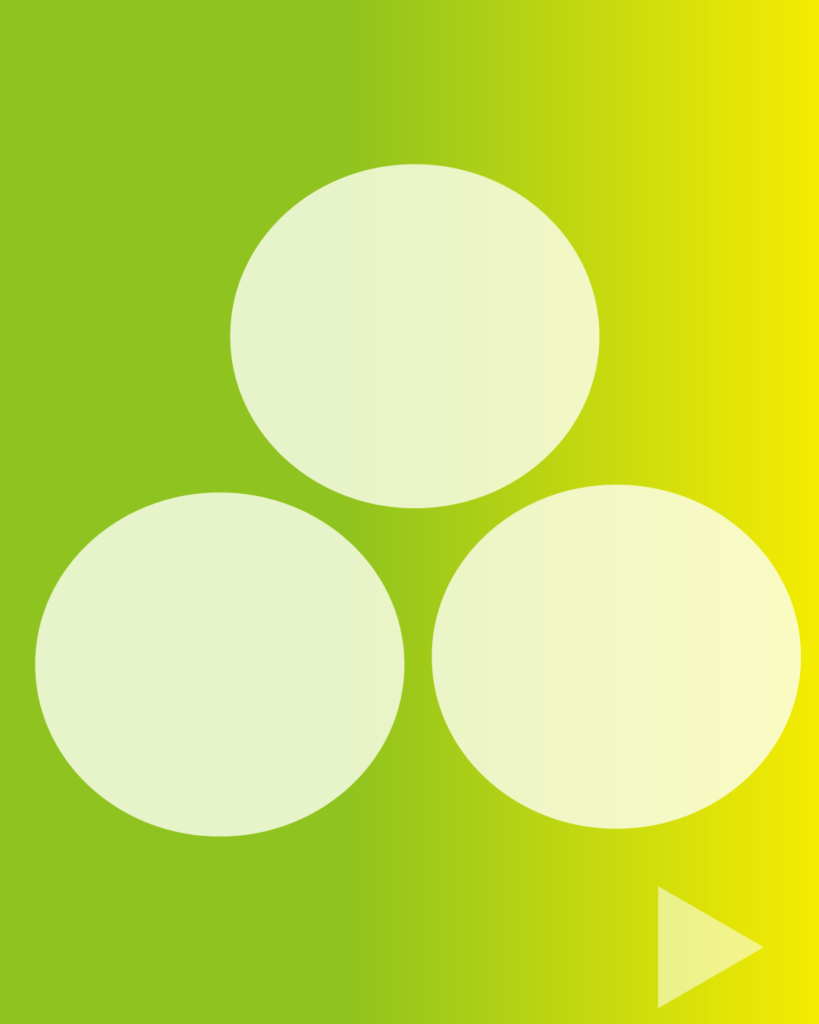 黄緑色のグラデーション背景に、3つの円が重なり合うベン図（Venn Diagram）を中央に配置したデザイン素材。右下には再生ボタン風の三角アイコンをあしらい、企業の強みや事業領域、3つの柱などを説明する図解ベースとして最適な背景素材。
