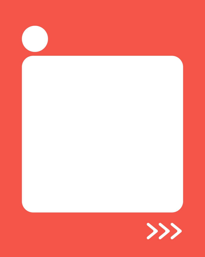 朱色（スカーレット）の背景に、中央に角丸の白い大きな正方形。左上には小さな白い円、右下には右を指す3つの矢印アイコン（>>>）が配置されたデザイン。
