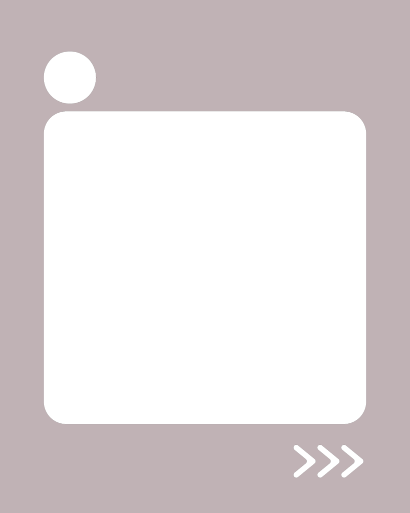 ニュアンスグレージュの背景に、中央に角丸の白い大きな正方形。左上には小さな白い円、右下には右を指す3つの白い矢印アイコン(>>>)が配置されたデザイン。