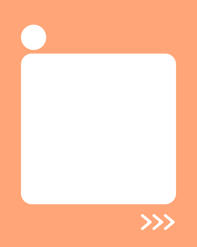 ぬくもりコーラルの背景に、中央に角丸の白い大きな正方形。左上には小さな白い円、右下には右を指す3つの白い矢印アイコン（>>>）が配置されたデザイン。
