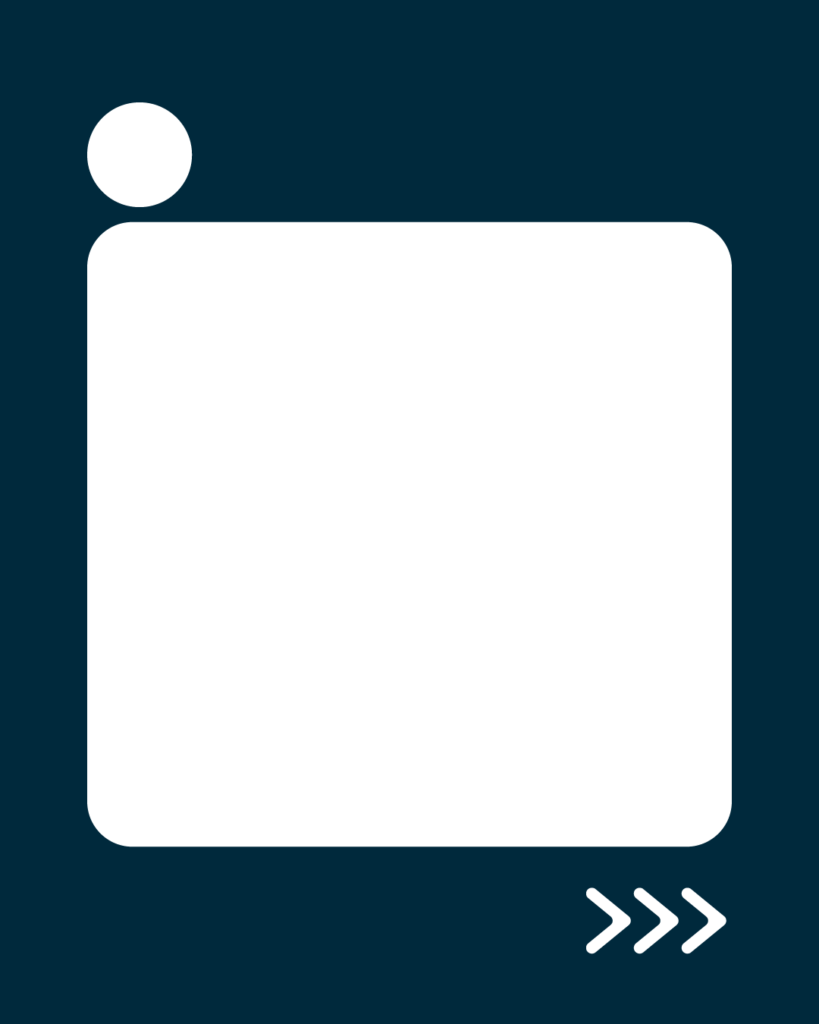 プロフェッショナルネイビーの背景に、中央に角丸の白い大きな正方形。左上には小さな白い円形、右下には右を指す3つの白い矢印アイコン(>>>)が配置されたデザイン。