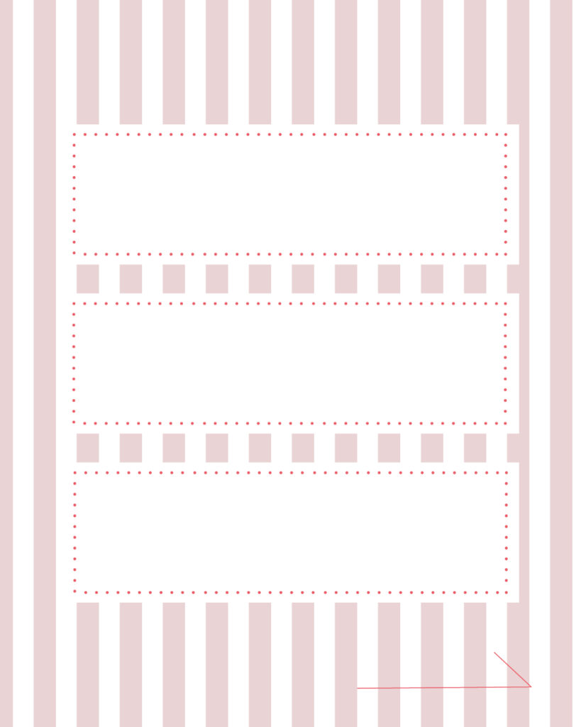 くすみピンクのストライプ柄背景に、独立した3つの横長白枠フレームを垂直に並べ、右下に「進む」矢印を付けた、ランキングや3ステップ解説に便利なインスタ投稿用デザインテンプレート素材
