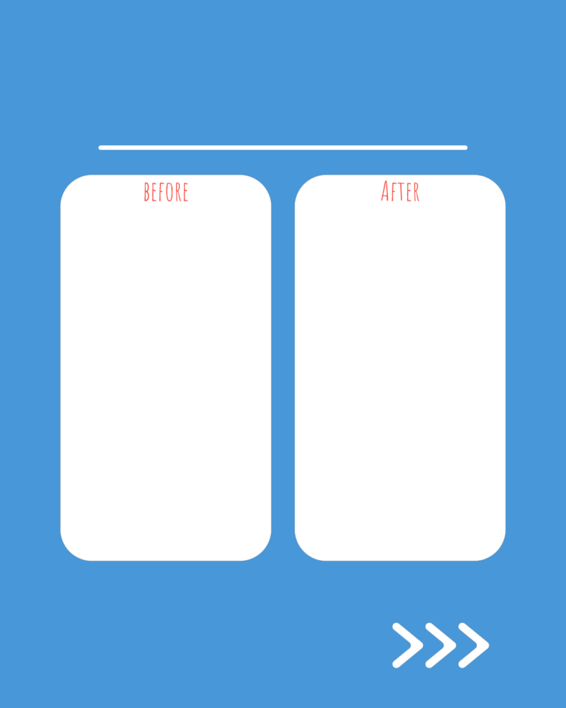 アクアカラーの背景に、左右に並んだBEFORE/AFTERの比較用テキスト枠とスワイプ矢印が付いたスライドテンプレート