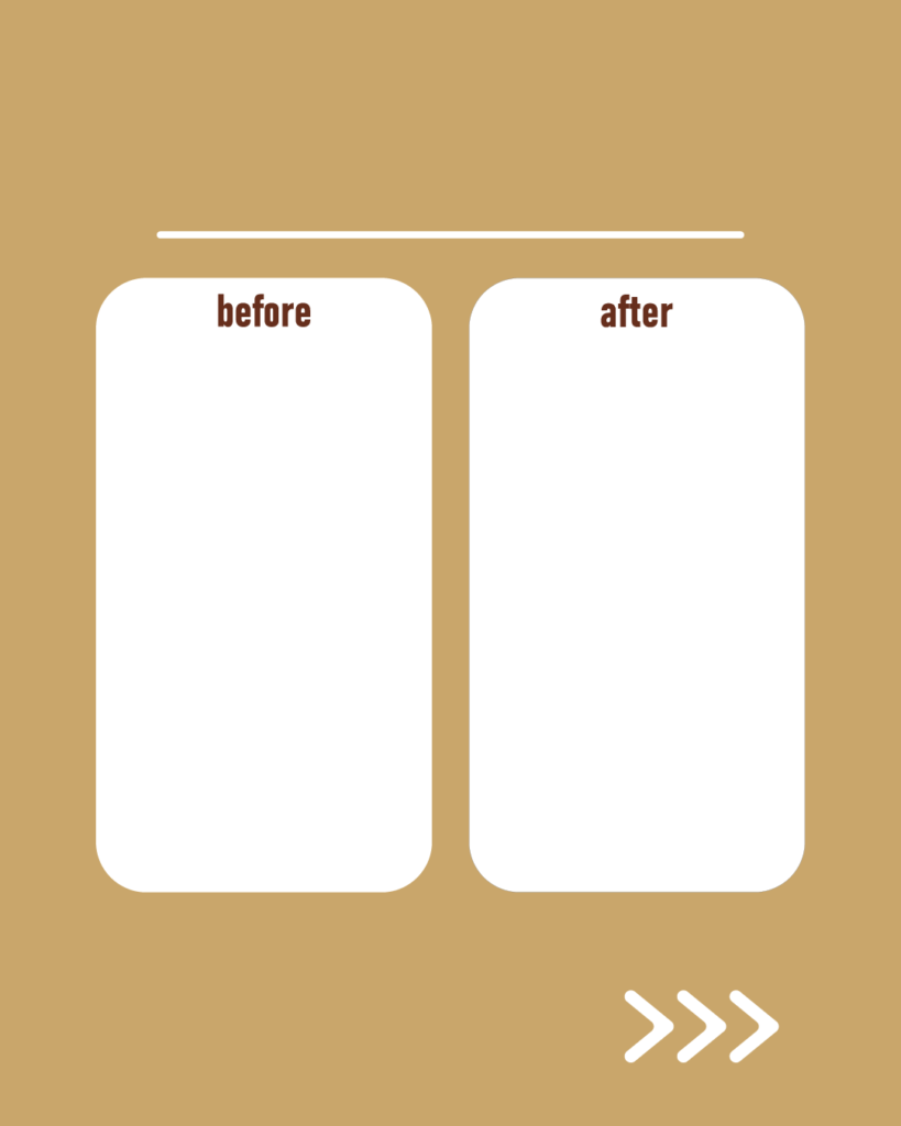 キャメルベージュの背景に、左右に並んだBEFORE/AFTERの比較用テキスト枠とスワイプ矢印が付いたスライドテンプレート