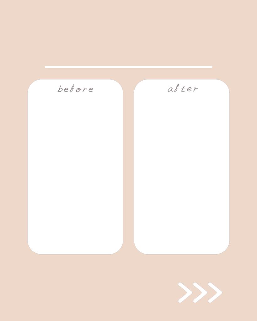 ミルクティーピンクの背景に、左右に並んだBEFORE/AFTERの比較用テキスト枠とスワイプ矢印が付いたスライドテンプレート
