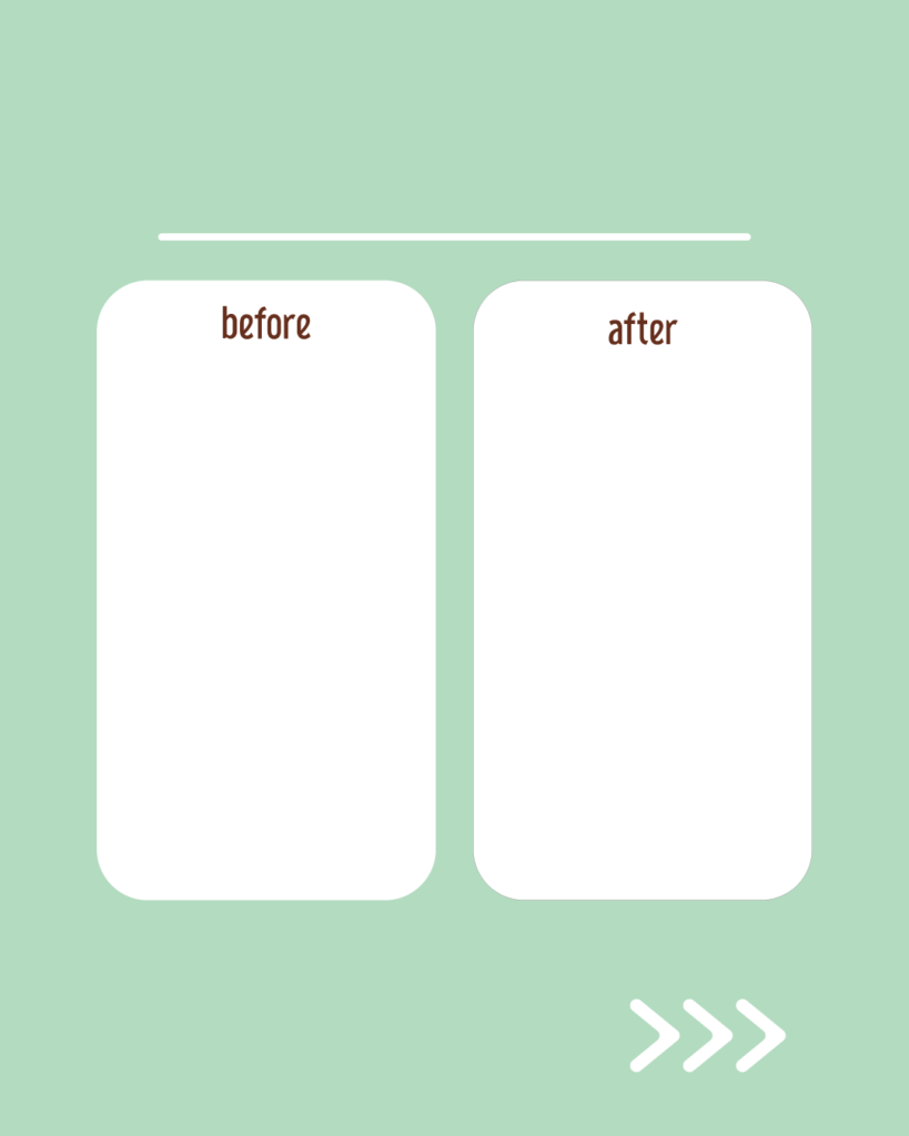 ピスタチオミストの背景に、左右に並んだBEFORE/AFTERの比較用テキスト枠とスワイプ矢印が付いたスライドテンプレート
