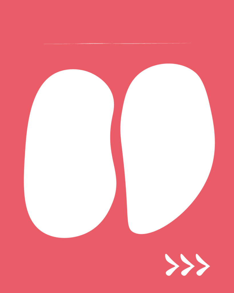 鮮やかなピンク色の背景の中央に、2つの白い縦長の不定形シェイプが並んで配置されたデザイン。右側のシェイプは左側よりも少し幅が広く、底辺が平らになっています。上部には細い白い横線、右下には右を指す3つの白い矢印(>>>)が描かれています。