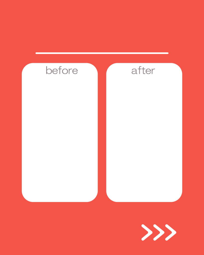 朱色（スカーレット）の背景に、白く細い水平線。その下に「before」「after」と記された2つの白い角丸長方形が並び、右下には右を指す3つの白い矢印（>>>）がある。
