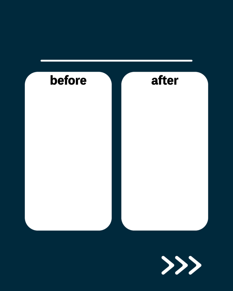 プロフェッショナルネイビーの背景に、白く細い水平線。その下に「before」と「after」と記された2つの白い角丸長方形が左右に並び、右下には右を指す3つの白い矢印(>>>)がある。