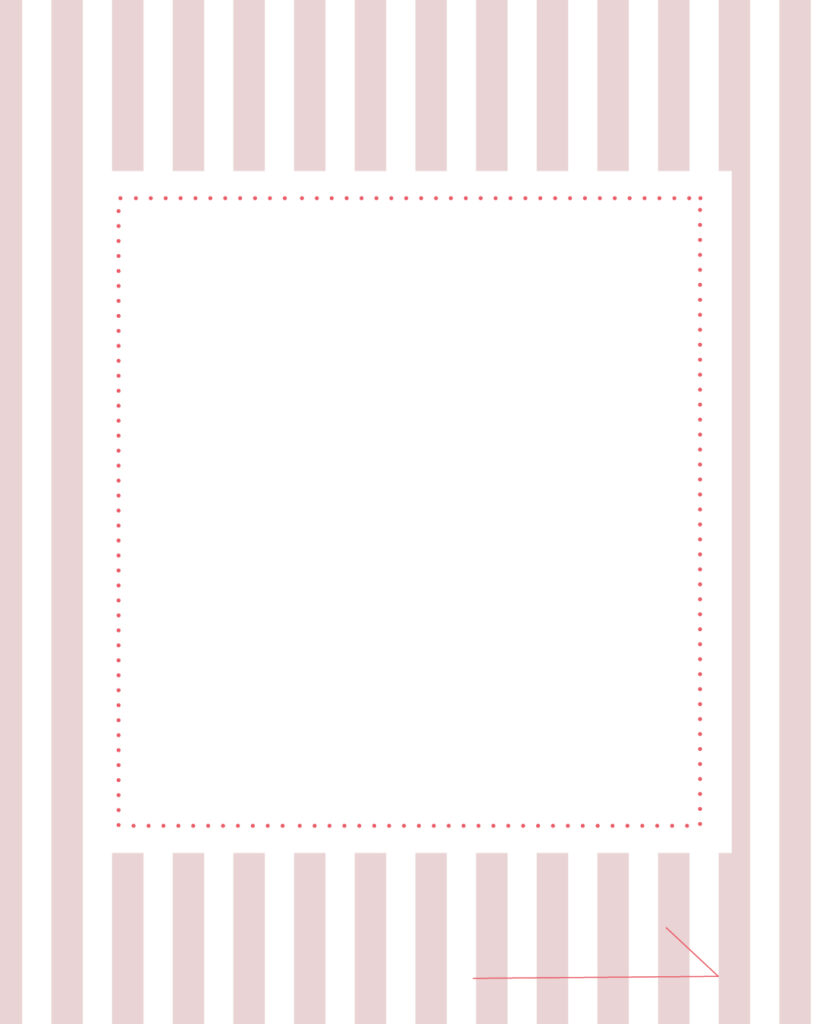 くすみピンクのストライプ柄に白枠フレームと、右下に「進む」を意味する矢印アイコンが付いたインスタ投稿用デザインテンプレート素材
