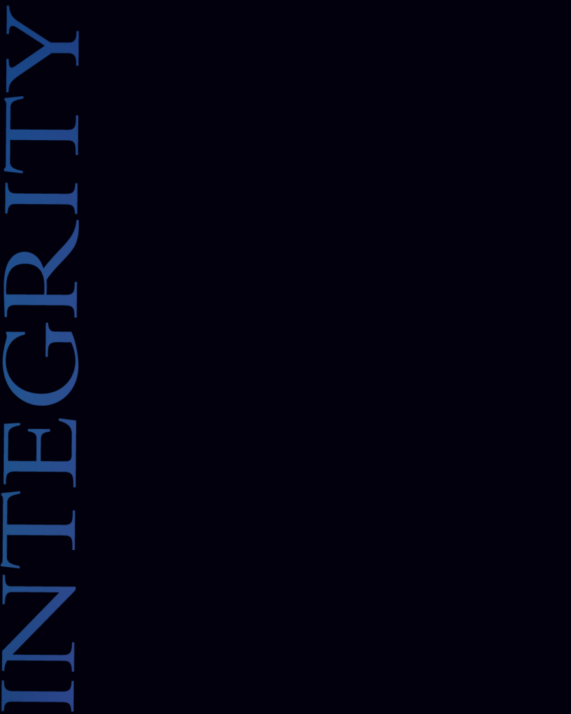 左端に「INTEGRITY」の青いタイポグラフィを縦に配置した、ミニマルな黒背景素材（誠実さや職人魂をテーマにした製造業・ビジネス向け背景）
