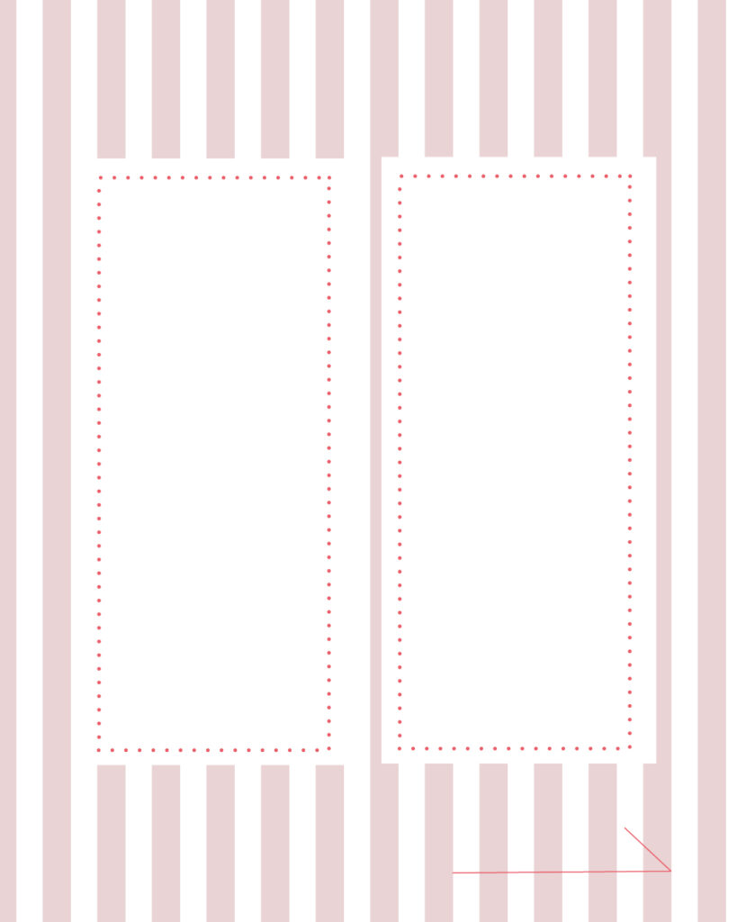 くすみピンクのストライプ柄背景に、左右2つの独立した白枠フレームと右下に「進む」矢印が付いた、比較やポイント紹介に便利なインスタ投稿用デザインテンプレート素材
