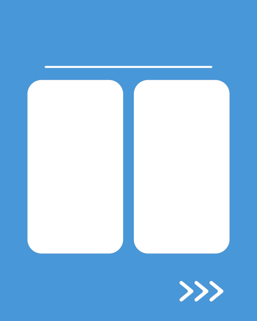 アクアカラーの背景に、左右2カラムの白い情報枠とスワイプ矢印が付いた、比較・並列用スライドテンプレート