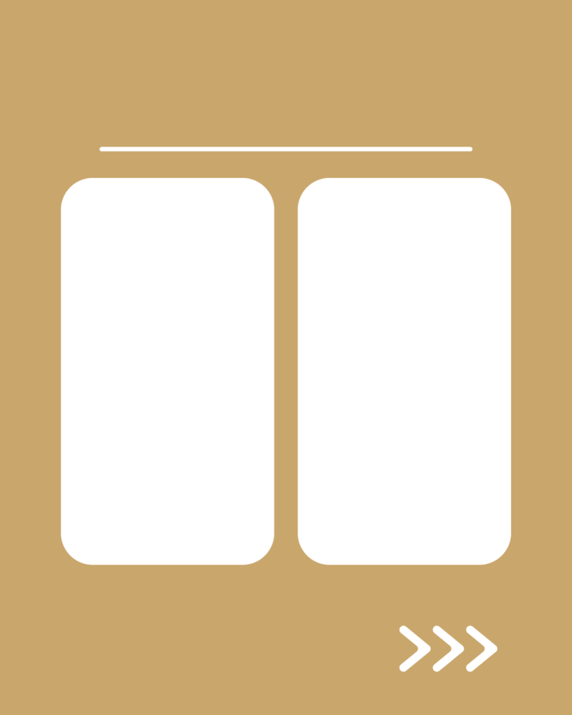 キャメルベージュの背景に、左右2カラムの白い情報枠とスワイプ矢印が付いた、比較・並列用スライドテンプレート