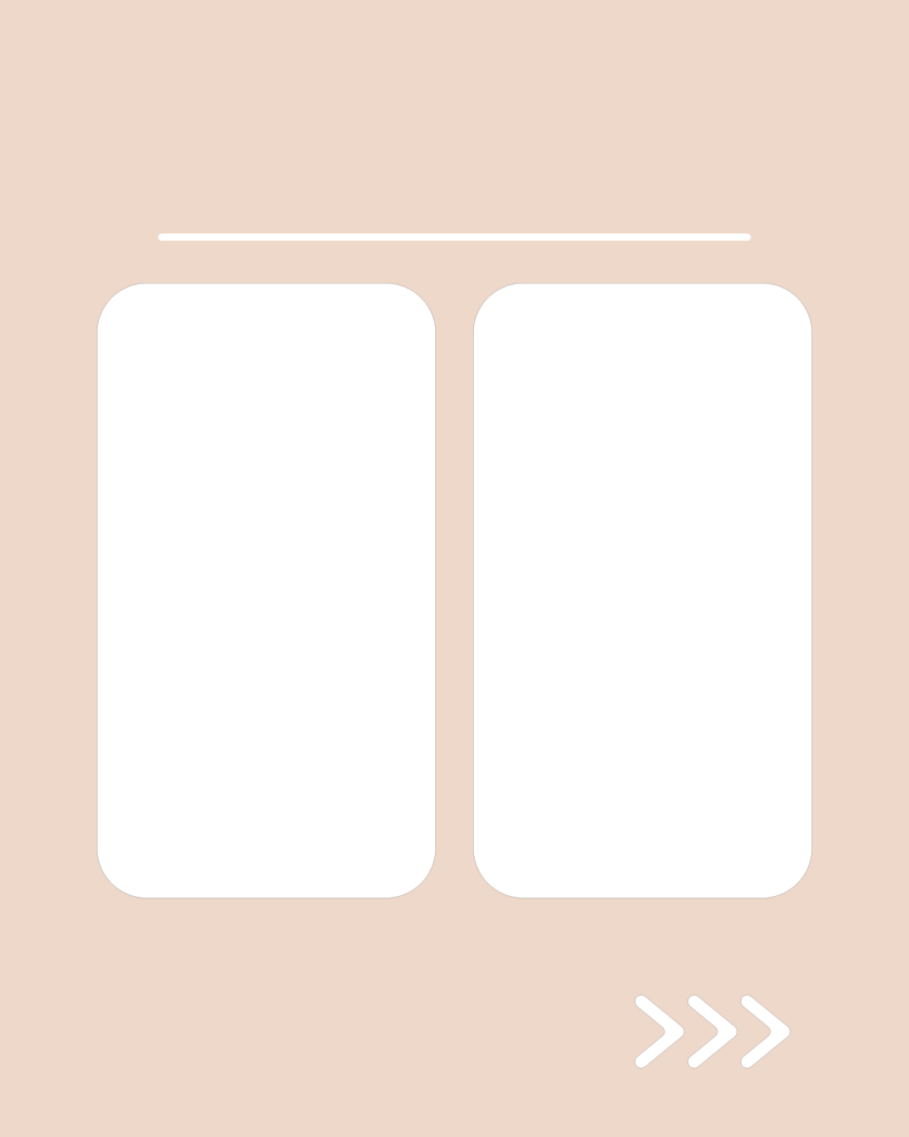 ミルクティーピンクの背景に、左右2カラムの白い情報枠とスワイプ矢印が付いた、比較・並列用スライドテンプレート
