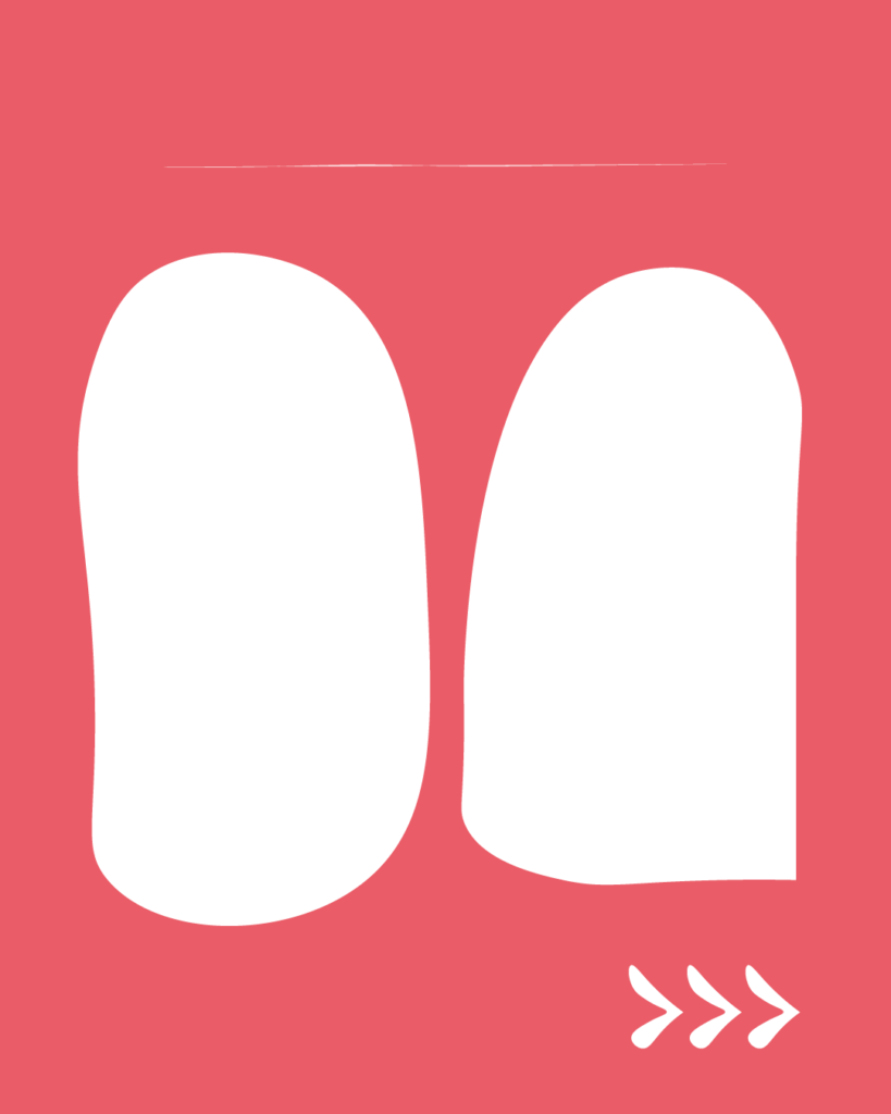 鮮やかなピンク色の背景の中央に、2つの白い縦長の不定形シェイプが左右に並んで配置されたデザイン。上部には細い白い横線、右下には右を指す3つの白い矢印(>>>)が描かれています。