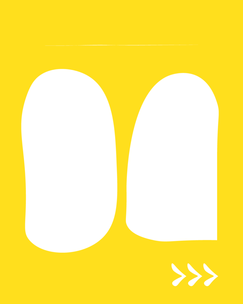 鮮やかな黄色の背景の中央に、2つの白い縦長の不定形シェイプが左右に並んで配置されたデザイン。上部には細い白い横線、右下には右を指す3つの白い矢印（>>>）が描かれています。
