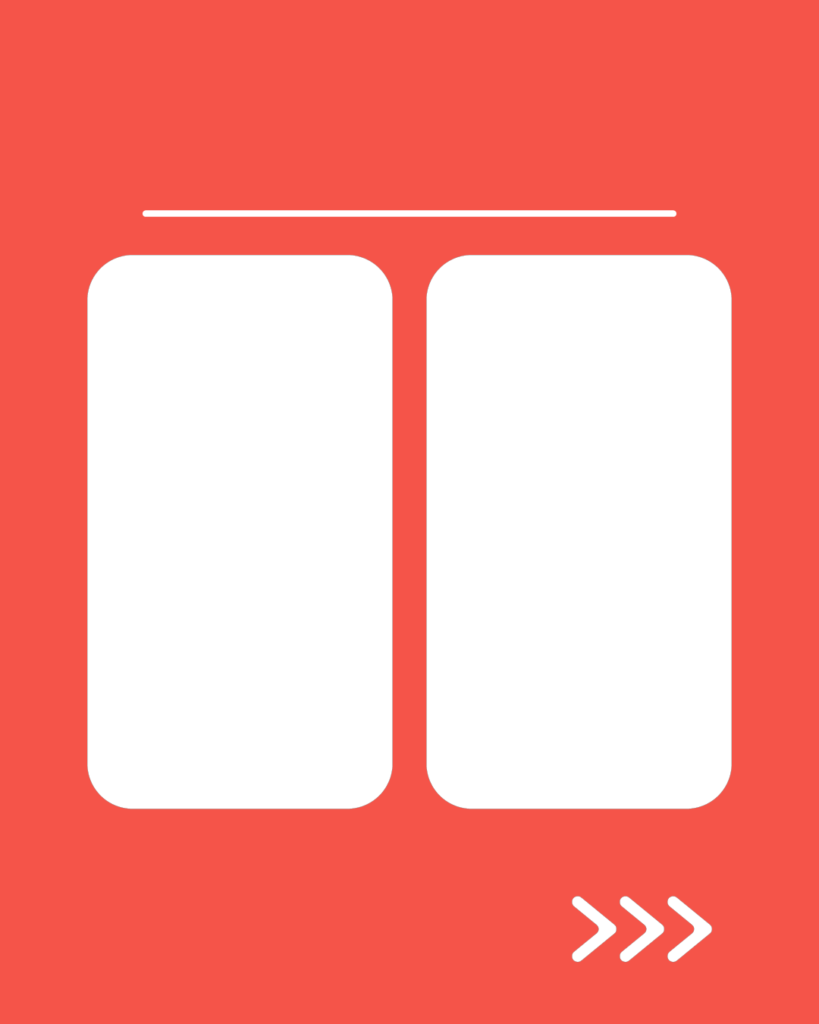 スカーレット（朱色）の背景。中央には白い角丸の長方形が2つ並び、その上部に白い水平線、右下には右を指す3つの白い矢印（>>>）が配置されたデザイン。
