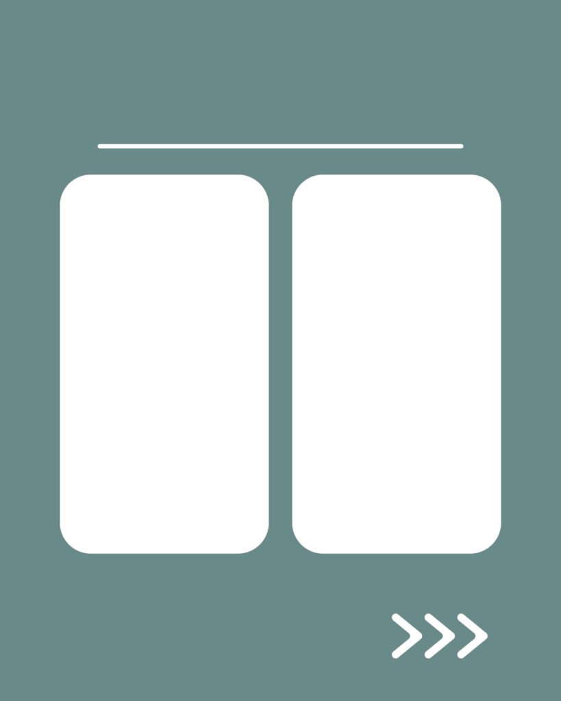 スモーキーグリーンの背景。中央には白い角丸の長方形が2つ並び、その上部に白い水平線、右下には右を指す3つの白い矢印（>>>）が配置されたデザイン。
