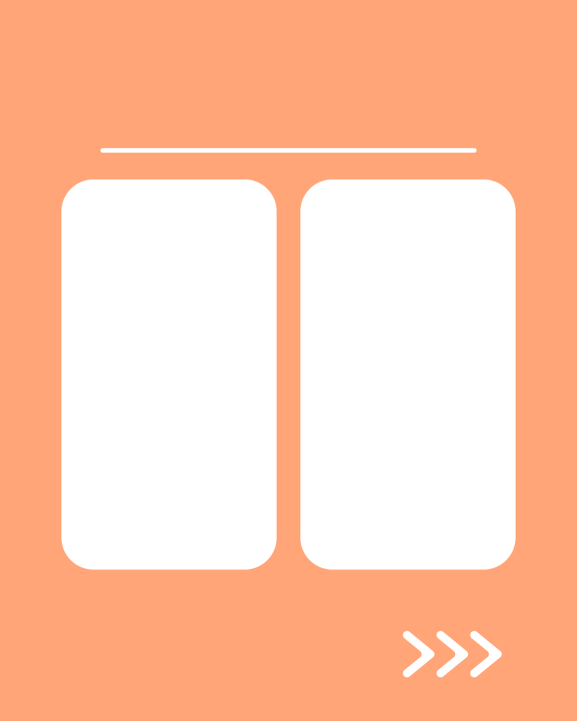 ぬくもりコーラルの背景。中央には白い角丸の長方形が2つ並び、その上部に白い水平線、右下には右を指す3つの白い矢印（>>>）が配置されたデザイン。
