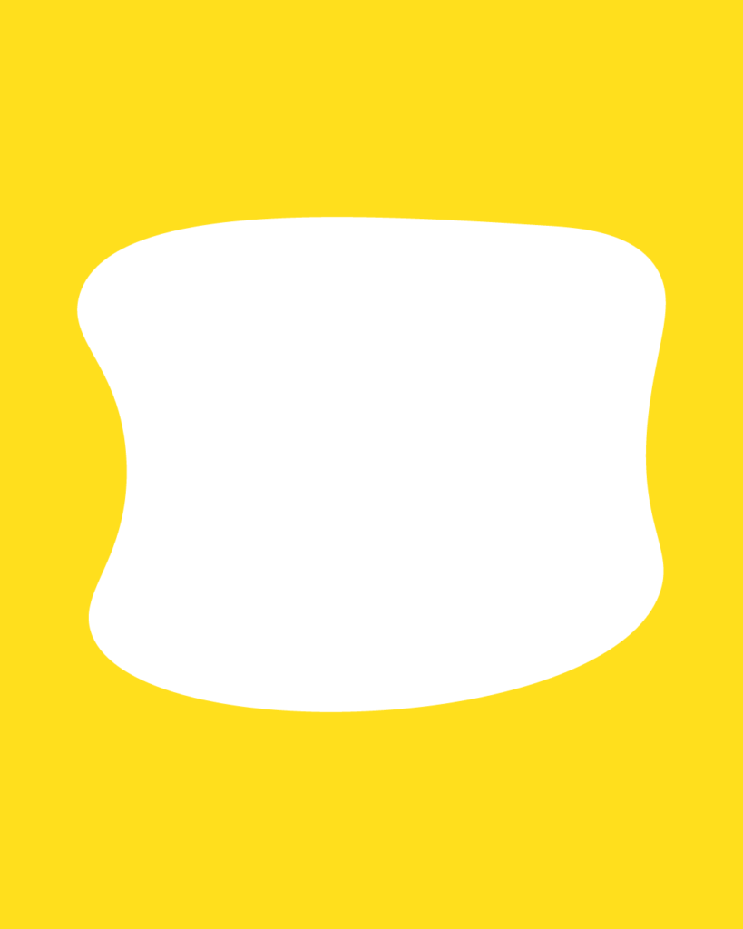 鮮やかな黄色の背景の中央に、白い不定形なシェイプが1つ大きく配置されたシンプルなデザイン。
