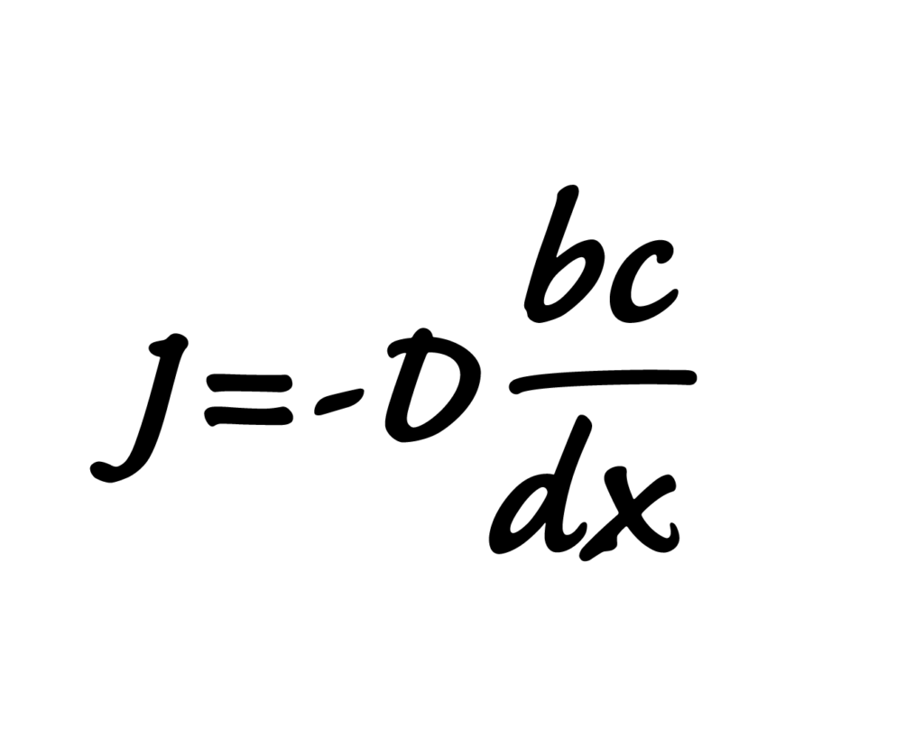 フィックの第一法則の数式「J=-D bc/dx」が、手書き風の黒い文字で書かれた白背景のシンプルな画像。
