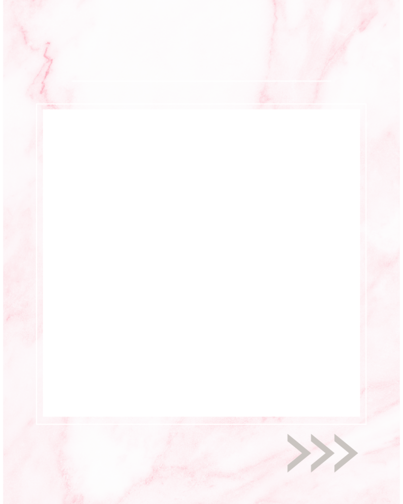 淡いピンクの大理石（マーブル）模様をベースに、中央に白いスクエア型のテキストスペースと見出し用の下線を配置した背景素材。細い白枠のフレームと、右下にグレーの「>>>」矢印アイコンが入った、大人可愛いフェミニンなデザイン。
