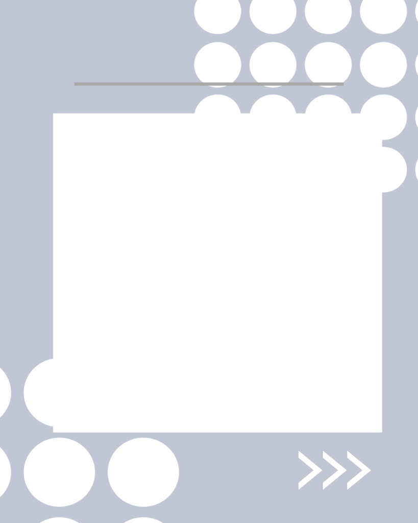 ブルーグレーの背景に白の大きなドットを対角線上に配置したインスタグラム用背景素材。中央に白い正方形のコンテンツエリア、上部にグレーのタイトルライン、右下にスワイプを促す「>>>」アイコンがある、機能的な投稿用テンプレート画像。
