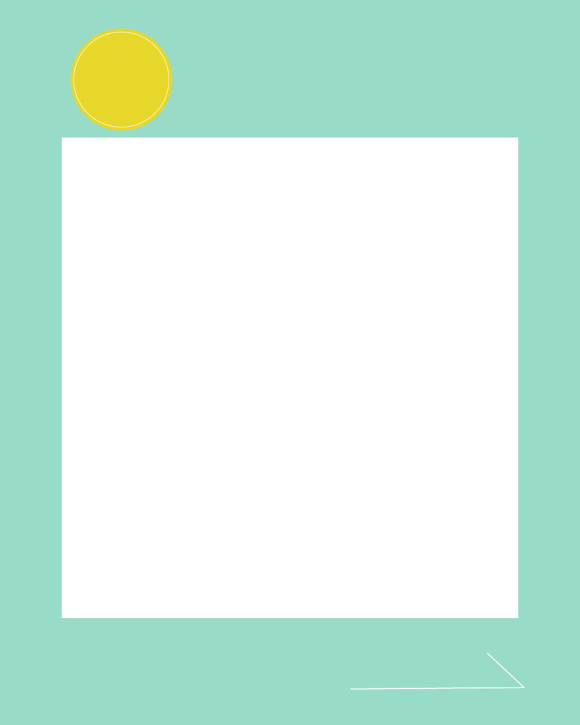ミントグリーンの背景に大きな白い正方形を配置し、左上にイエローの円形、右下にシンプルな矢印を添えた、爽やかでモダンな無料デザインテンプレート。
