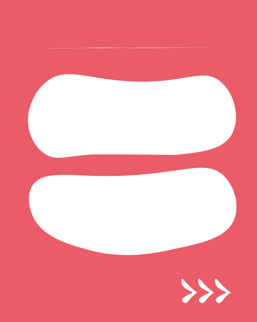 鮮やかなピンク色の背景の中央に、2つの白い横長の不定形シェイプが上下に並んで配置されたデザイン。上部には細い白い横線、右下には右を指す3つの白い矢印(>>>)が描かれています。