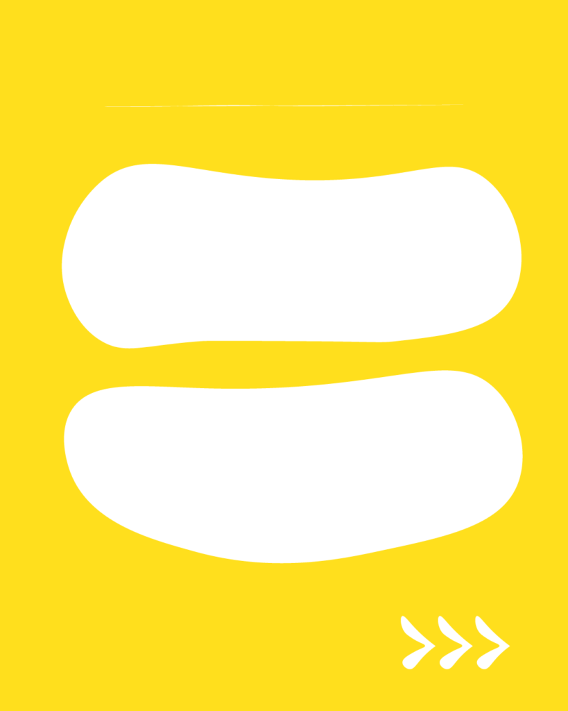 鮮やかな黄色の背景の中央に、2つの白い縦長の不定形シェイプが並んで配置されたデザイン。右側のシェイプは左側よりも少し幅が広く、底辺が平らになっています。上部には細い白い横線、右下には右を指す3つの白い矢印（>>>）が描かれています。
