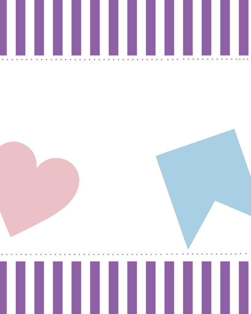 上下に紫と白のストライプを配置し、中央の白いスペースに大きなピンクのハートと水色のリボンアイコンをあしらった、可愛らしい装飾付きのノーブル・プラムカラーのフレーム画像。
