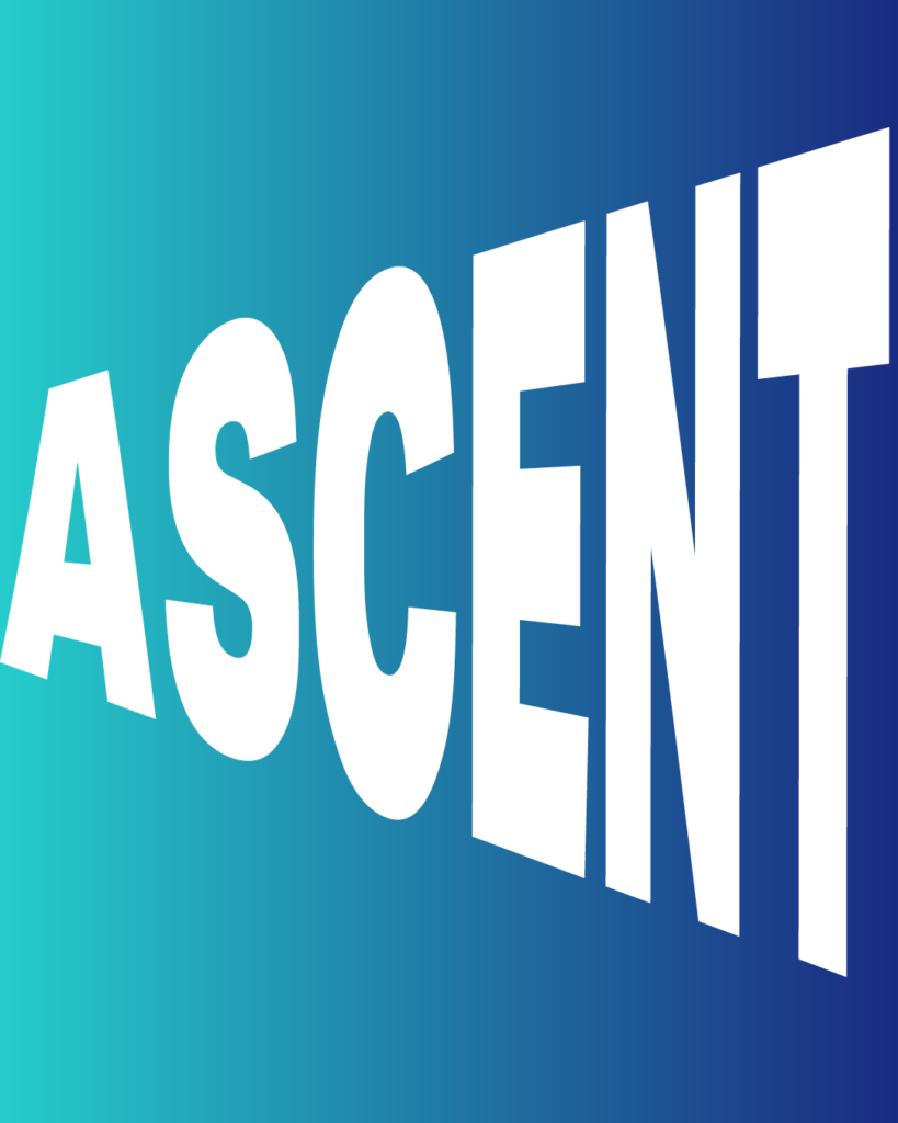 青から紺へのグラデーション背景に、白い太文字の「ASCENT」という単語が、右上がりに遠近感をつけてダイナミックに配置された、製造業・工業系の新卒採用や会社案内向けのデザイン画像。
