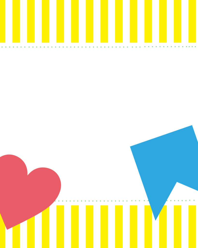 上下に黄色と白の爽やかなシトラス・ストライプを配置し、中央の白いスペースに大きなピンクのハートと青い保存アイコンを重ねた、SNSのリアクションを強調する背景デザイン。
