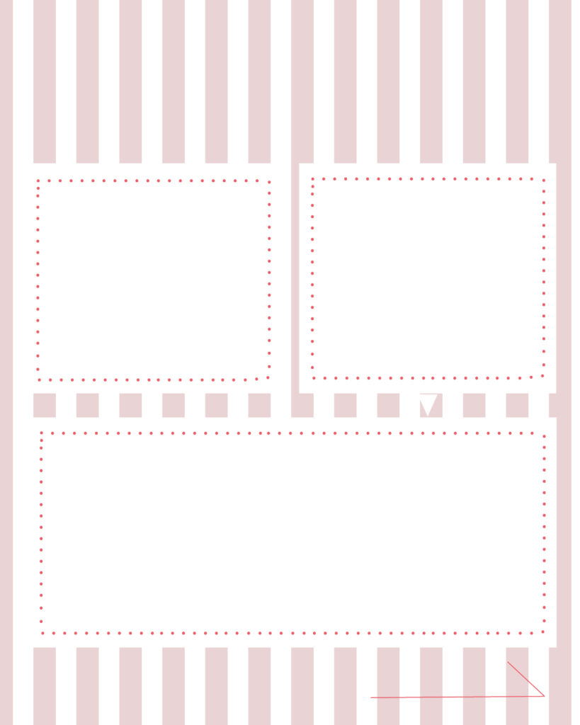 くすみピンクのストライプ柄背景に、上段に2つの小窓、下段に1つの横長白枠フレームを配置し、右下に「進む」矢印を付けたインスタ投稿用デザインテンプレート素材
