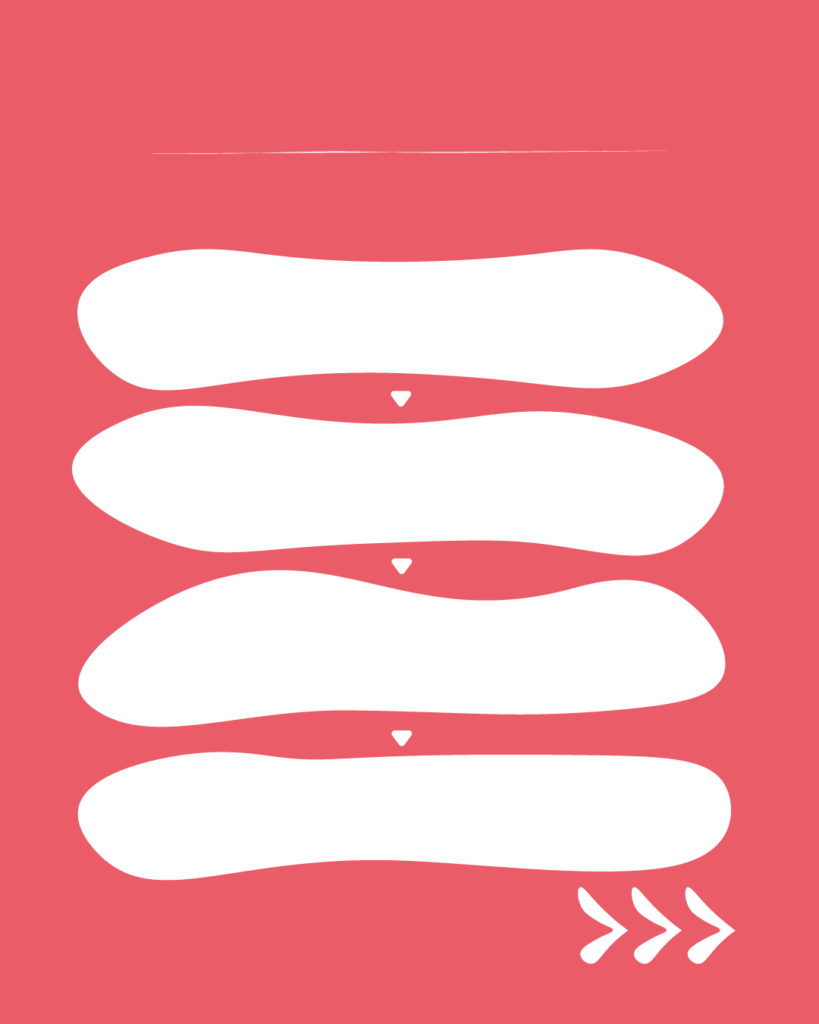 鮮やかなピンク色の背景の中央に、4つの白い横長の不定形シェイプが垂直に並んだデザイン。各シェイプの間には小さな白い下向きの三角形が配置され、上から下への流れを示しています。上部には細い白い横線、右下には右を指す3つの白い矢印(>>>)が描かれています。