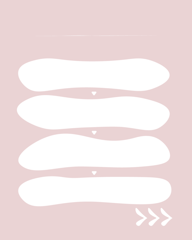 淡いスモーキーピンクの背景の中央に、4つの白い横長の不定形シェイプが互い違い（ジグザグ）に配置されたデザイン。上部には細い白い横線、右下には右を指す3つの白い矢印（>>>）が描かれています。
