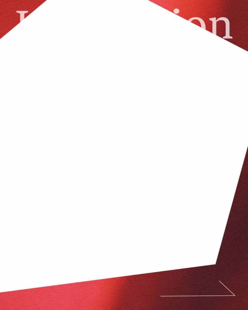 赤いグラデーション背景に写真用の五角形の窓と上部に白字でInovationの文字が透けている背景画像