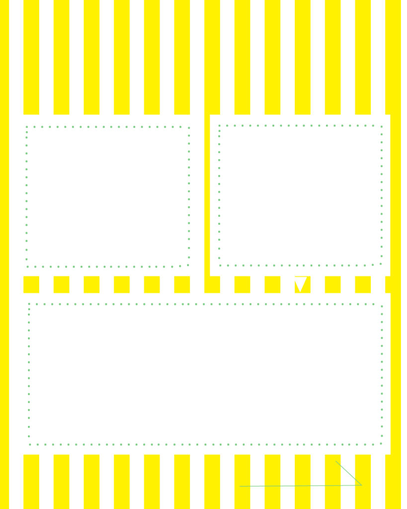 黄色と白の爽やかなシトラス・ストライプ背景に、上部に2つの正方形に近いメッセージ枠、下部に1つの広い横長メッセージ枠を配置した、情報を整理してまとめやすい背景デザイン。
