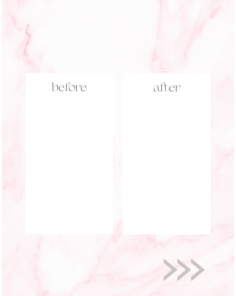 淡いピンクの大理石模様をベースに、中央に「before」「after」の文字が入った2つの白い長方形スペースを並べた背景素材。右下にスワイプを促すグレーの矢印アイコンが入った、比較解説に最適な大人可愛いデザイン。
