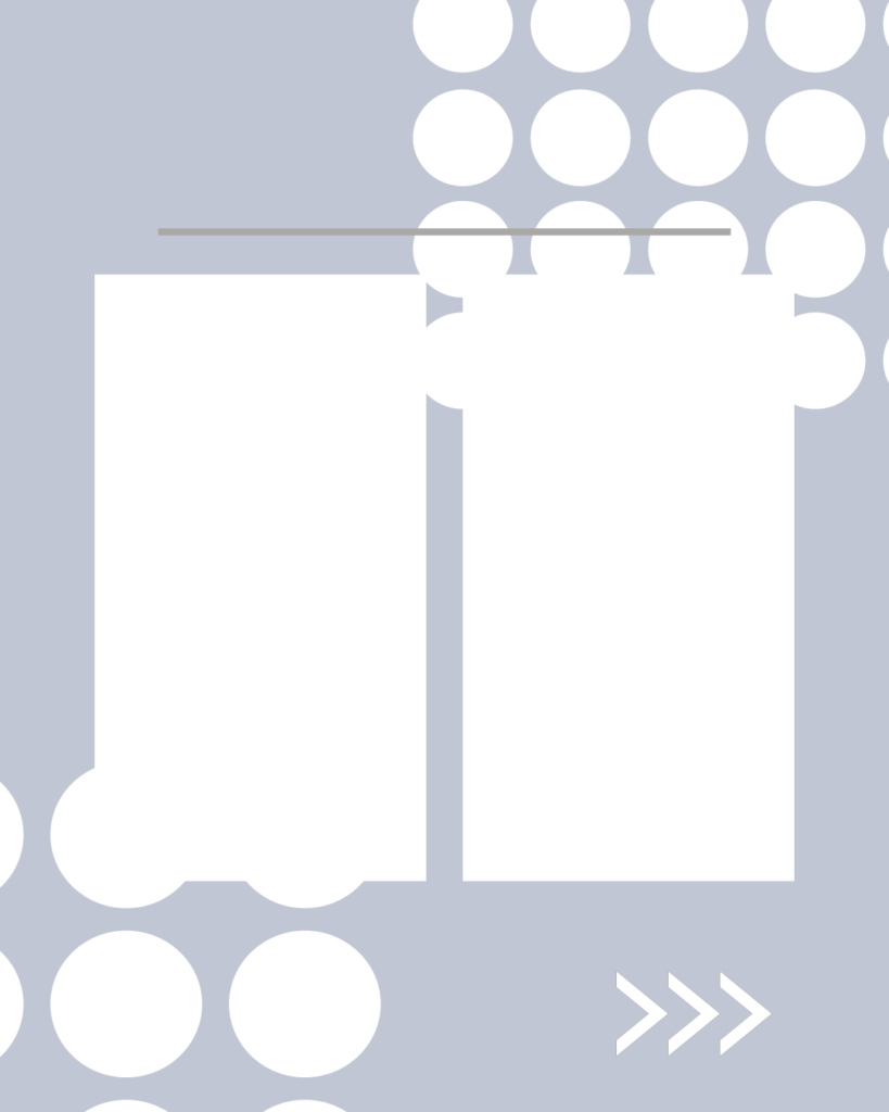 ブルーグレーの背景に白の大きなドットを対角線上に配置したインスタグラム用背景素材。中央が2つの白い縦長長方形に分割されており、比較画像やビフォーアフター、2択の解説に適したレイアウト。右下に「>>>」のスワイプアイコンが入った、情報整理に優れたテンプレート画像。
