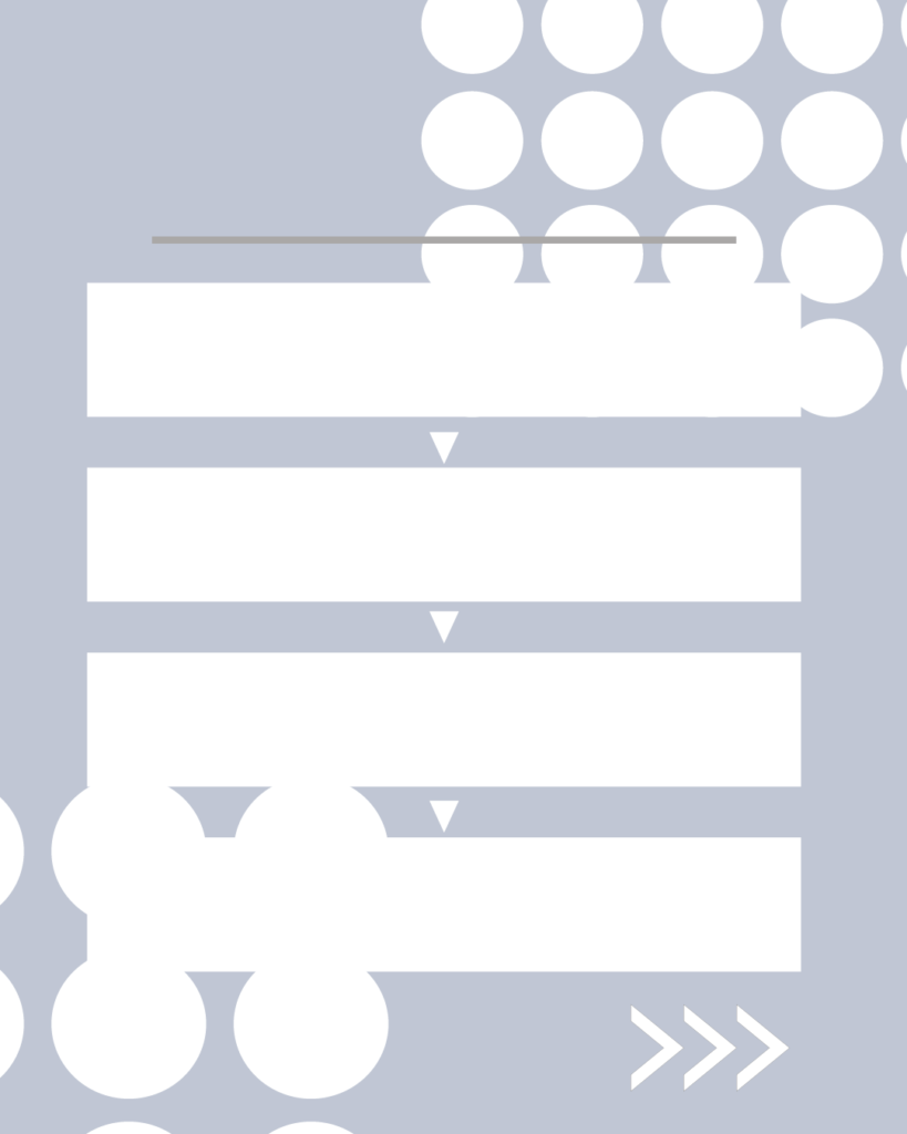 ブルーグレーの背景に対角線上の白い大きなドット柄をあしらった、インスタグラム用背景素材。中央に4つの白い横長長方形が縦に並び、それらが下向きの三角形（矢印）でつながれたフロー・手順解説用レイアウト。上部にタイトルライン、右下にスワイプアイコン「>>>」がある機能的なテンプレート画像。
