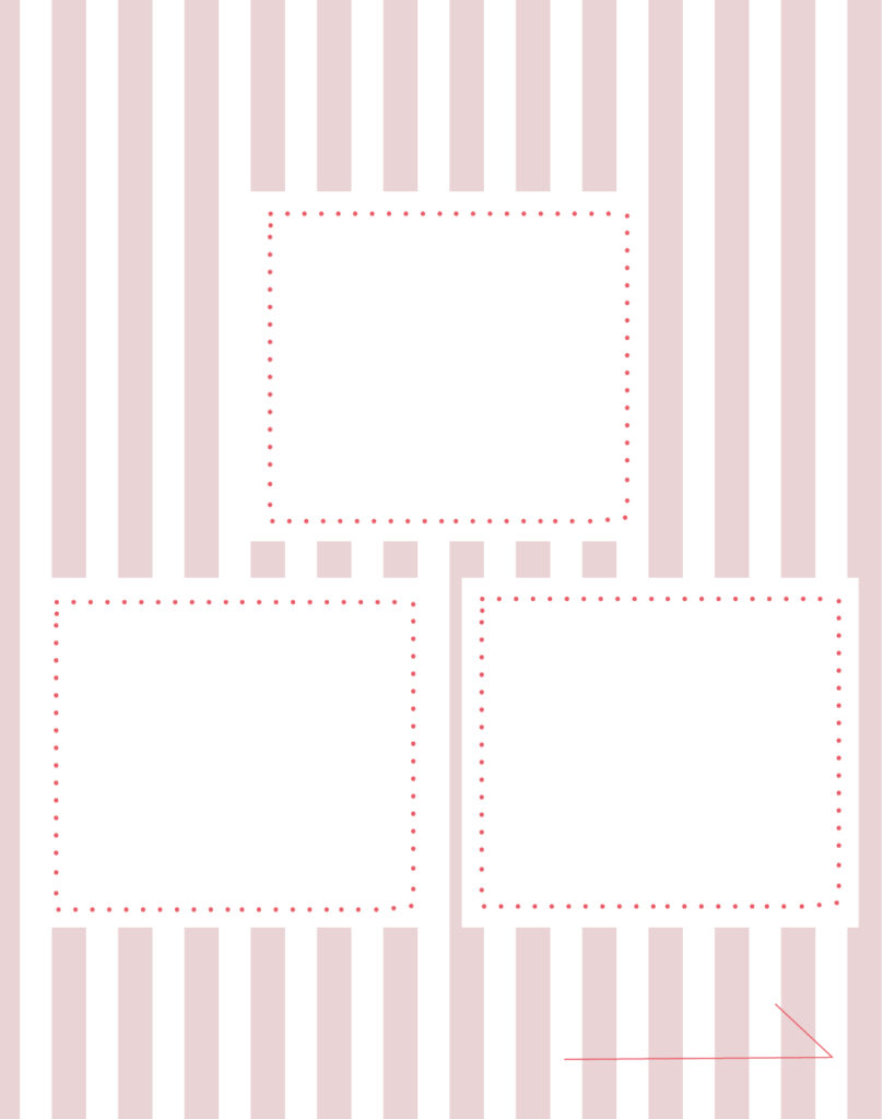 くすみピンクのストライプ柄背景に、3つの独立した白枠フレームと右下に「進む」矢印が付いた、3つのポイント紹介やステップ解説に便利なインスタ投稿用デザインテンプレート素材
