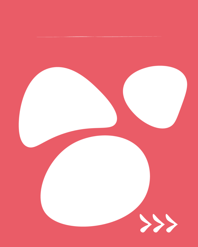 鮮やかなピンク色の背景に、3つの白い不定形なシェイプがランダムに配置されたデザイン。上部には細い白い横線、右下には右を指す3つの白い矢印(>>>)が描かれています。