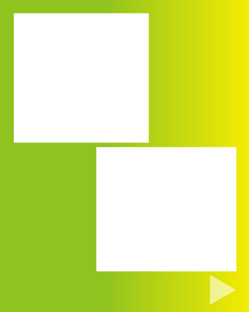 黄緑色のグラデーション背景に、白抜きの四角いフレームを2つ階段状に配置したデザイン素材。右下にはアクセントの三角アイコンを配置。写真や図解を2点並べて紹介する比較ページや、対比構造の資料作成に便利な背景素材。
