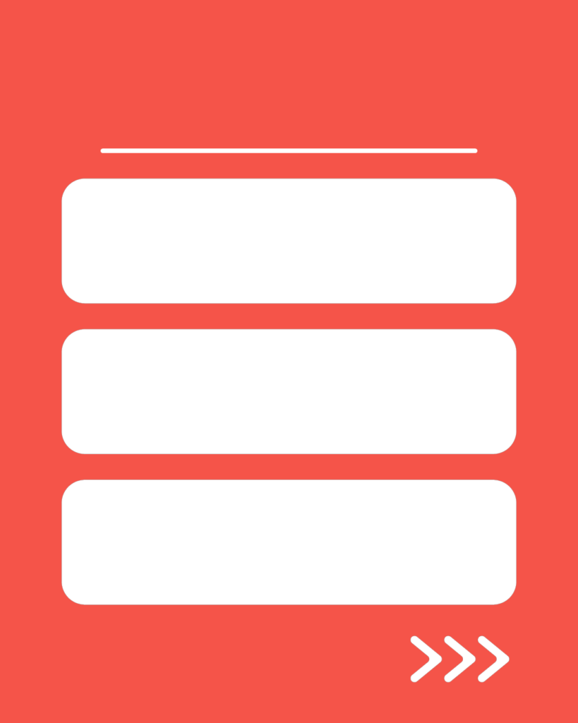 朱色（スカーレット）の背景に、白い水平線。その下に白い角丸の長方形が縦に3つ並び、右下には右を指す3つの白い矢印（>>>）が配置されたデザイン。
